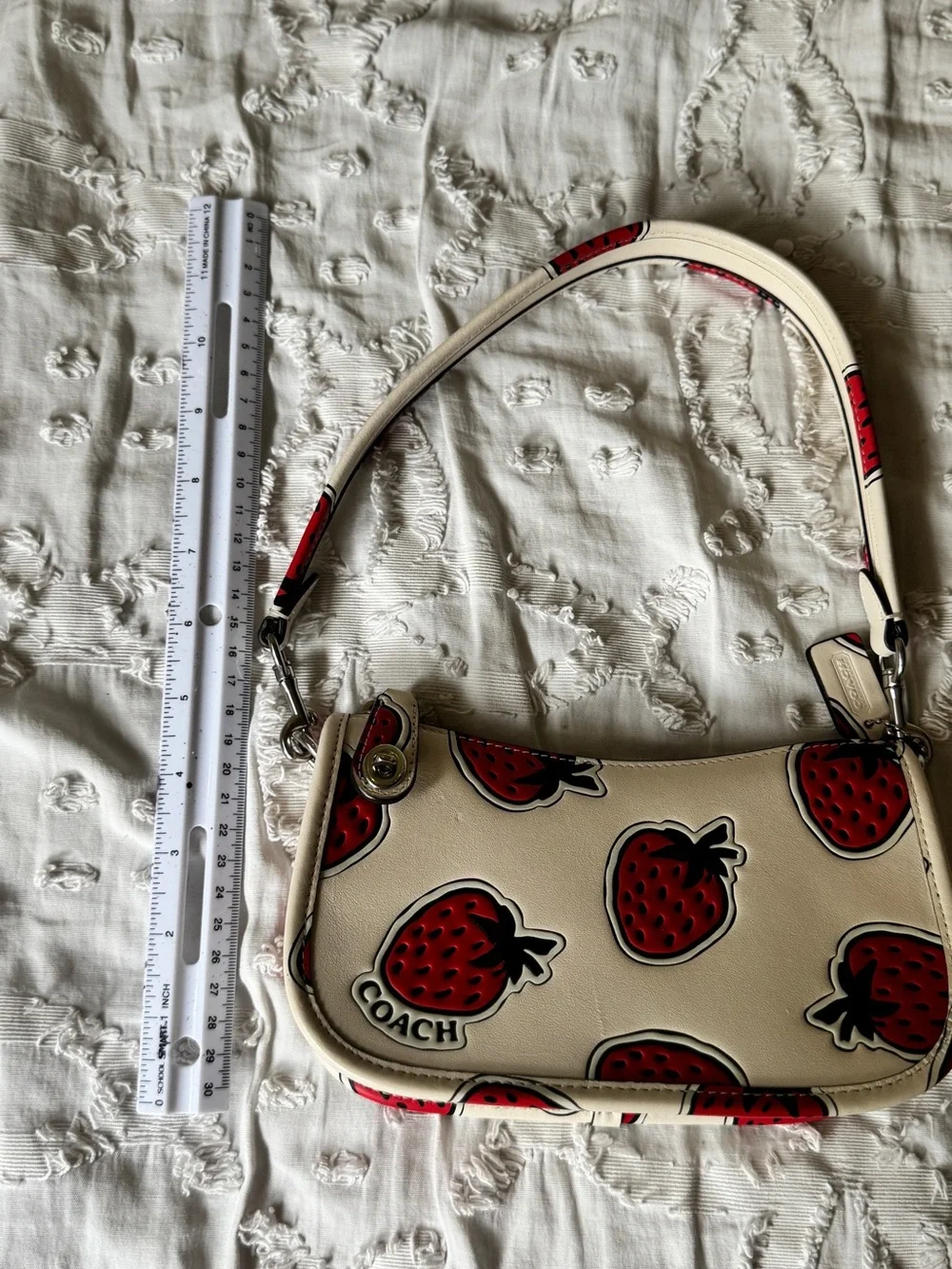 Coach Cream Leather Crossbody with Red Strawberry Print